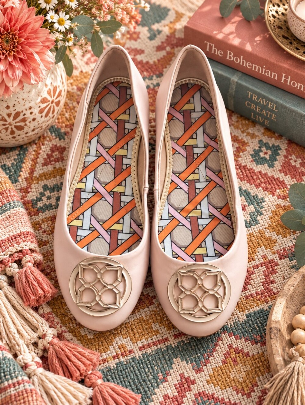 Kelly & Katie Blush Pink Ballet Flats Gold Medallion Women’s 8.5
